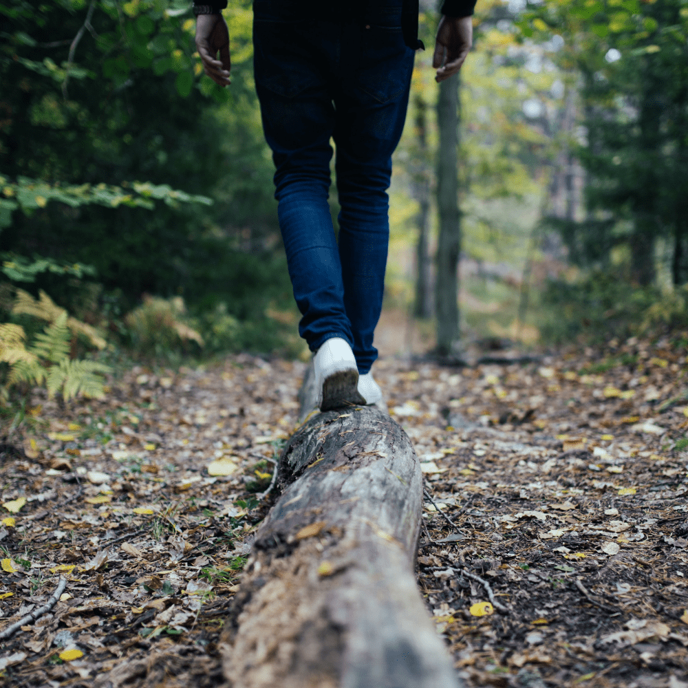 person walking on log in forrest 