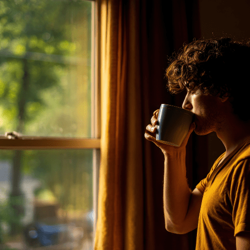 person sipping coffee looking out window to nature
