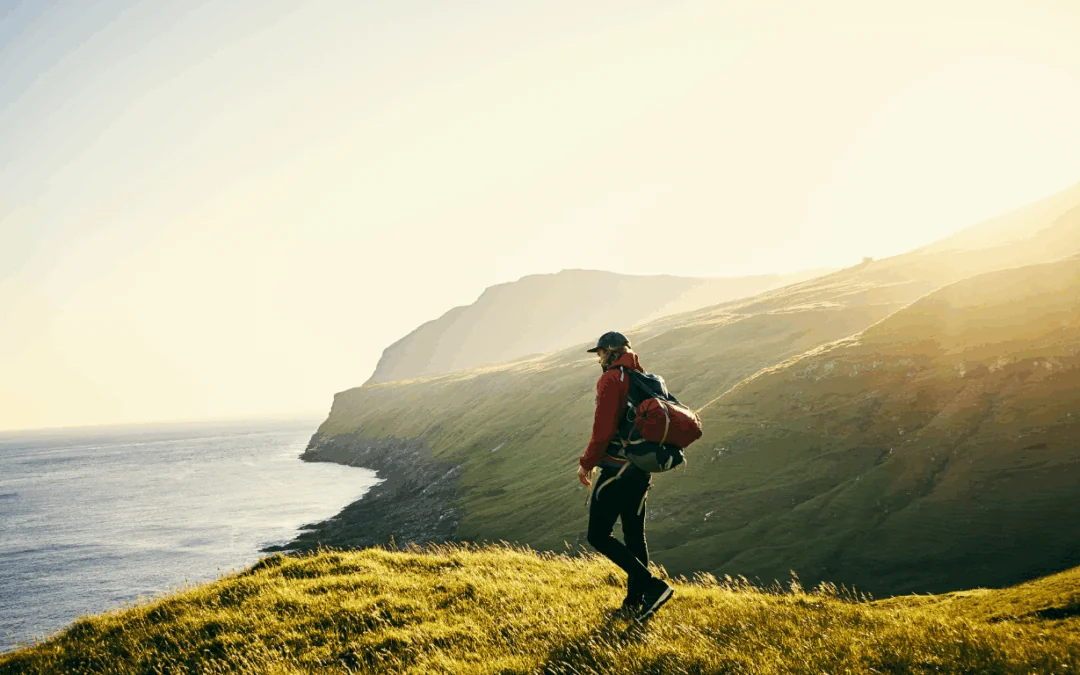 person walking in nature looking at water