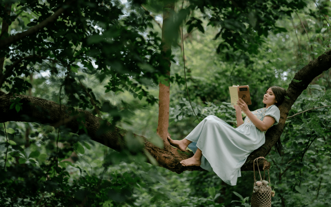 woman sitting in tree reading